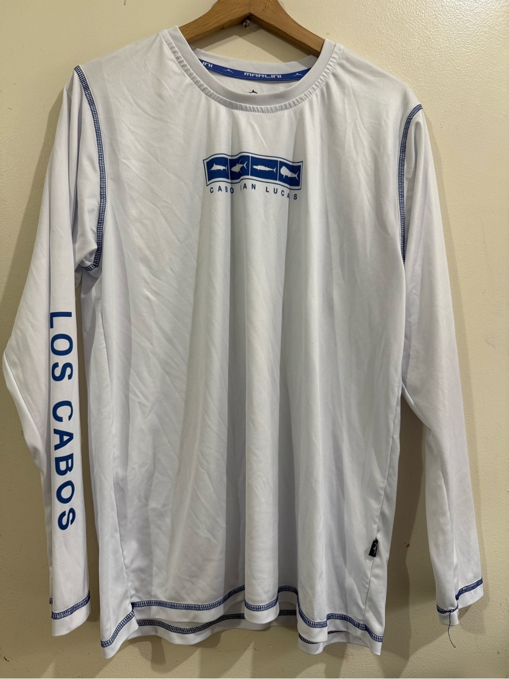 MARLINI Los Cabos White Long-Sleeve Men's Swim Rash Guard with Blue Graphi